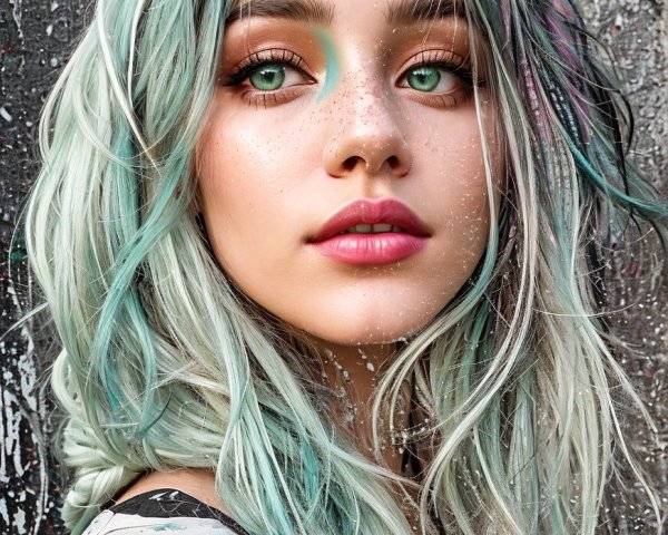 Young woman with multicolored hair poses by graffiti wall