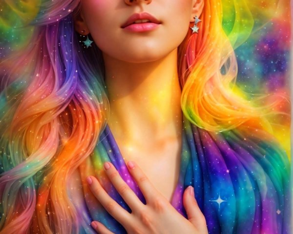 Portrait of a Young Woman with Rainbow Hair and Cosmos