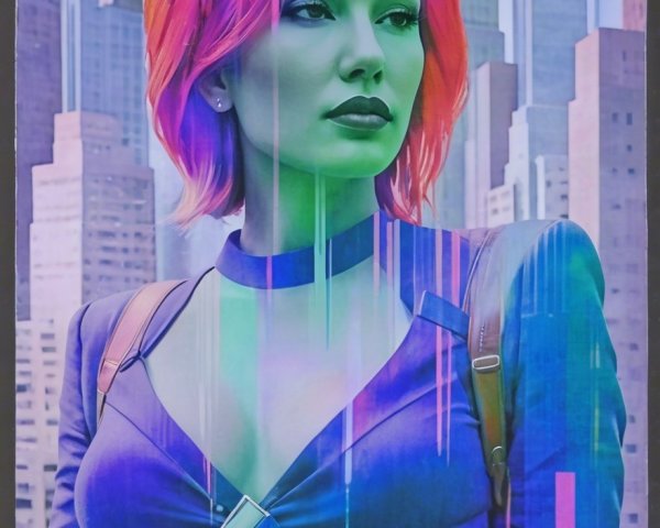 Portrait of a Woman with Vibrant Hair and Cityscape