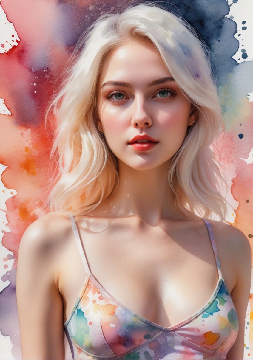 Portrait of a Young Woman with Vibrant Watercolor Background