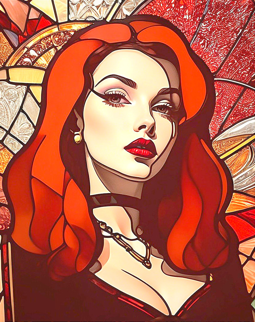 Stylized Portrait of a Woman with Red Hair and Makeup