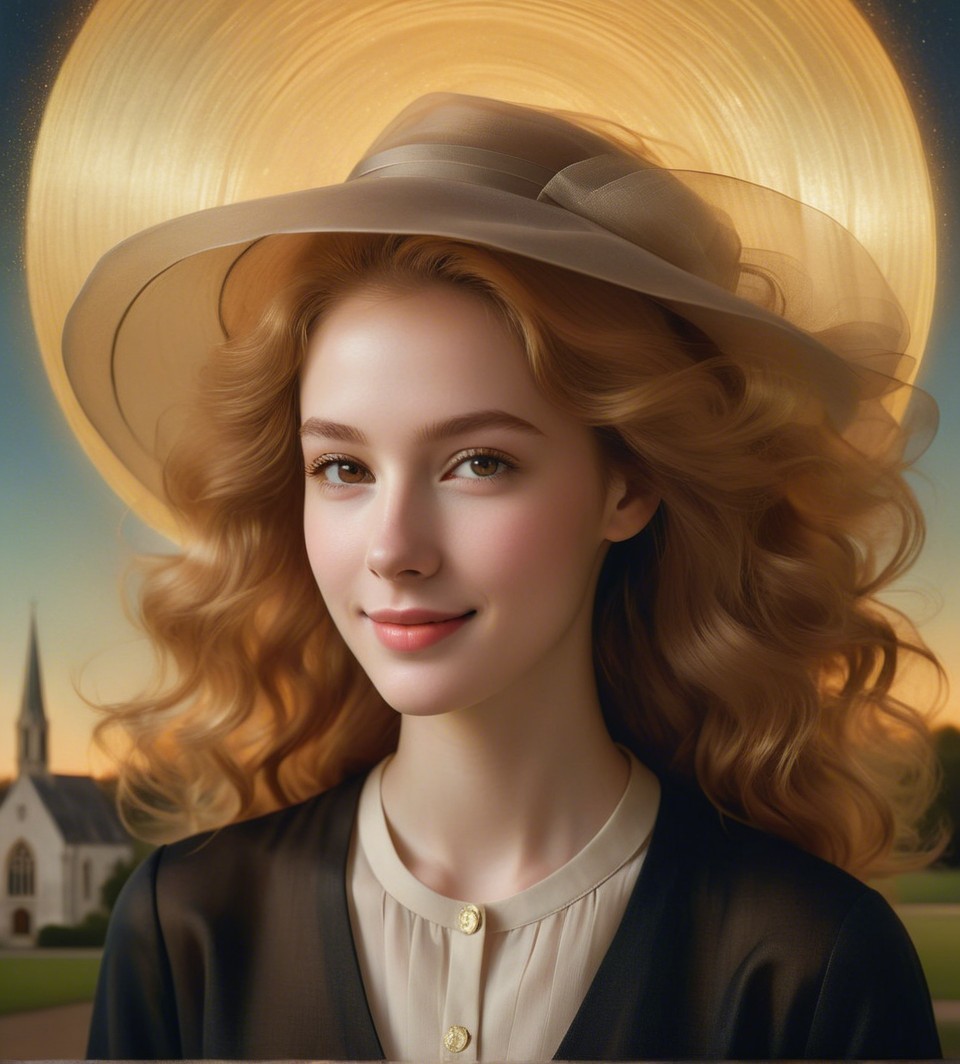 Young woman in stylish hat with sunset backdrop