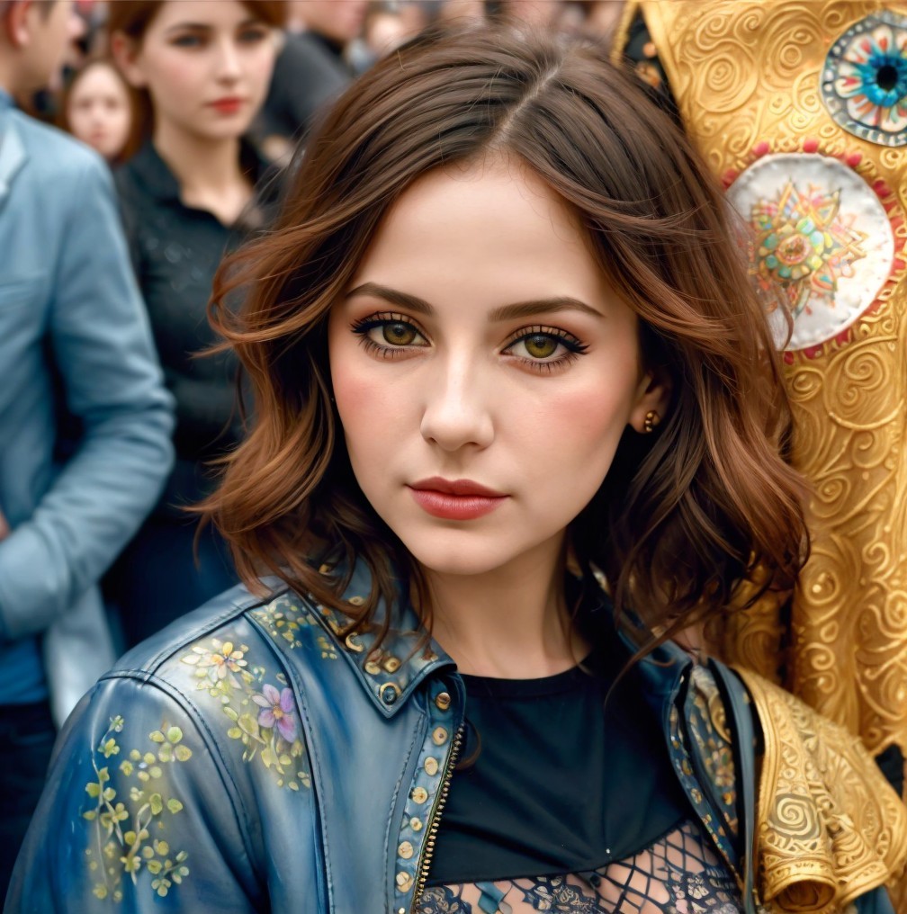 Young woman in blue jacket with floral patterns