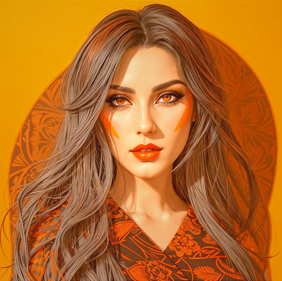 Portrait of a woman with gray hair and orange eyes
