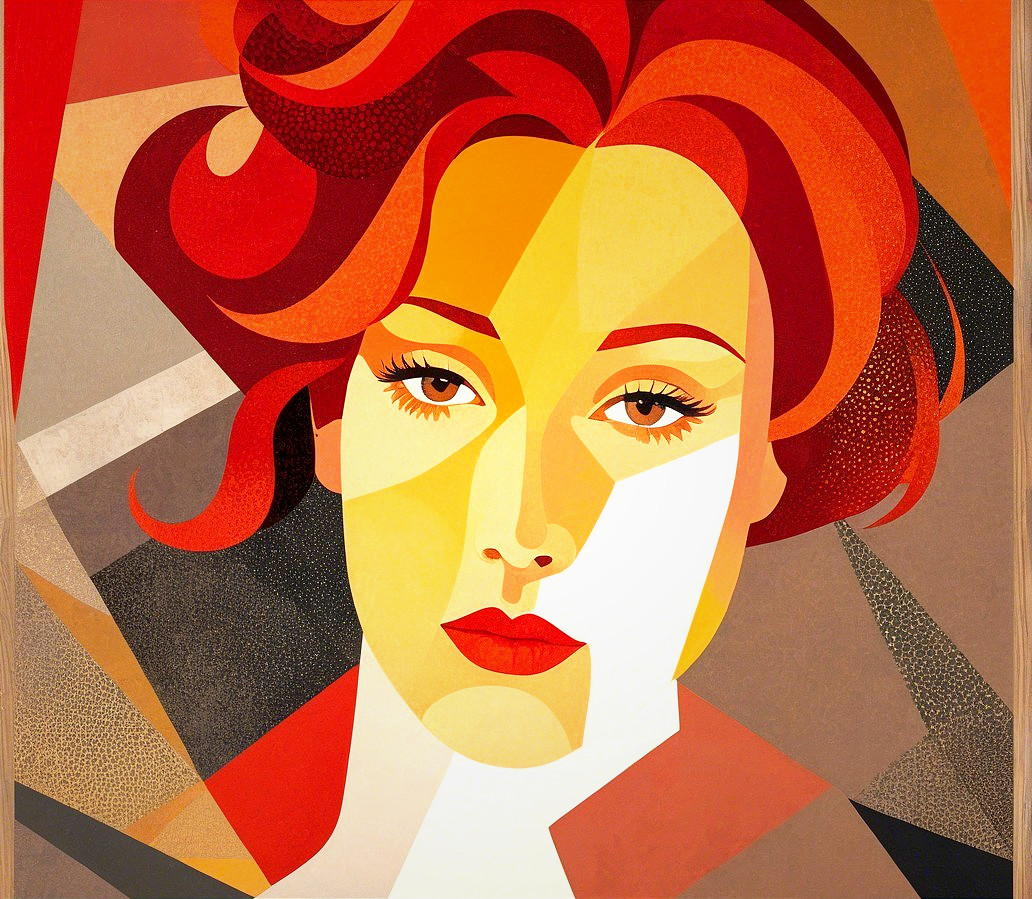 Stylized portrait of a woman with red hair and bold features