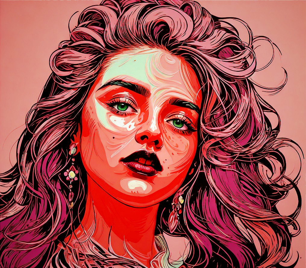 Stylized portrait of a young woman with vibrant hair