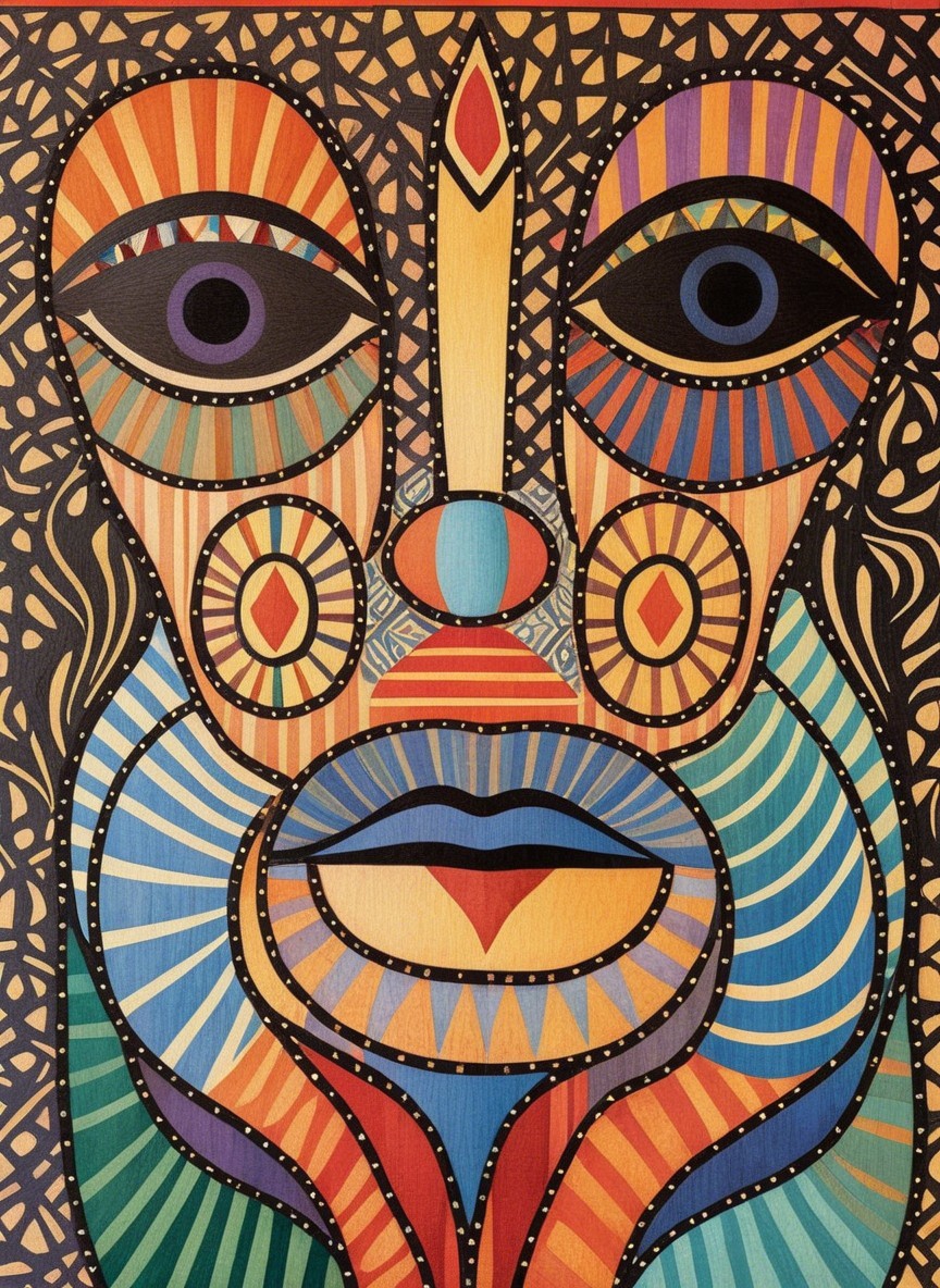 Vibrant Stylized Face with Geometric Patterns and Colors