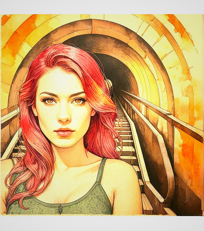 Young Woman with Red Hair in Dimly Lit Tunnel