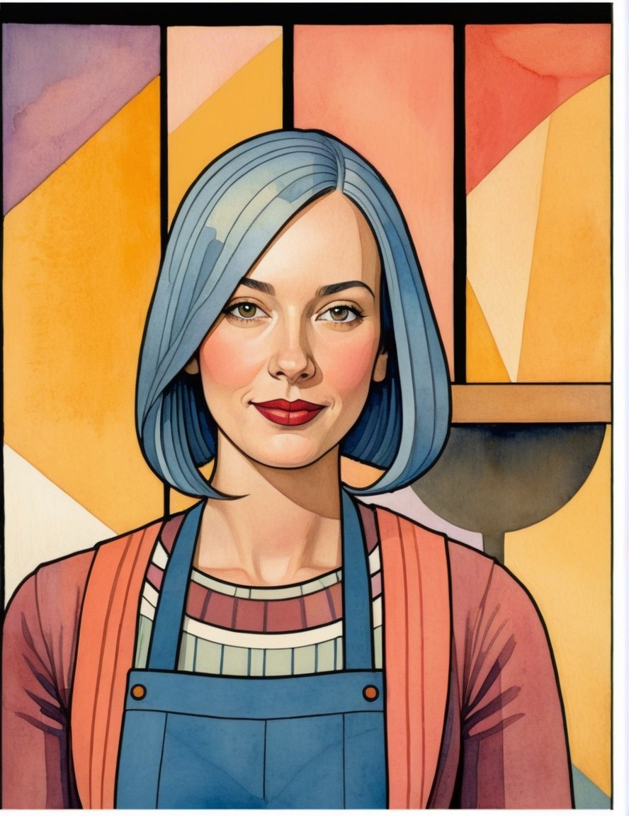 Stylish Woman with Blue Bob Haircut in Pastel Setting