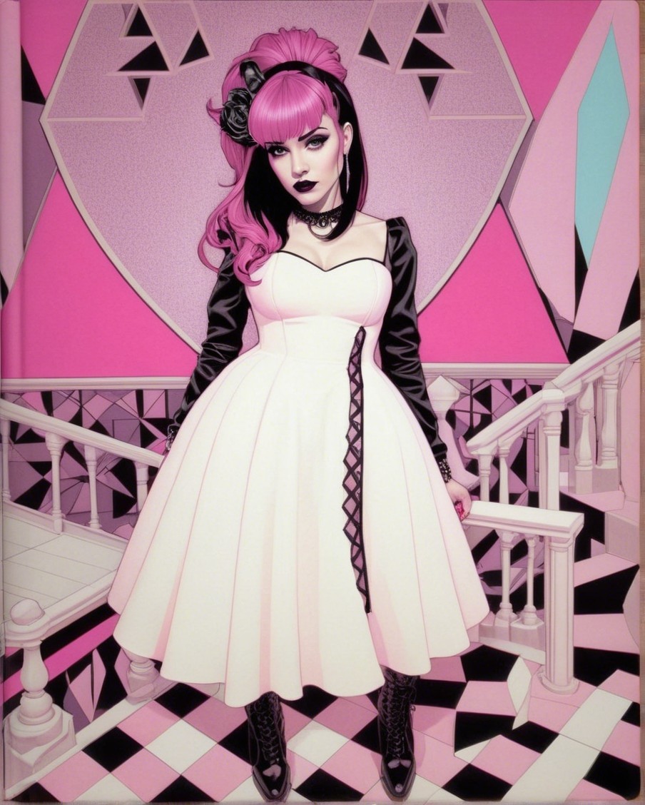 Young Woman in Two-Toned Dress with Pink Hair