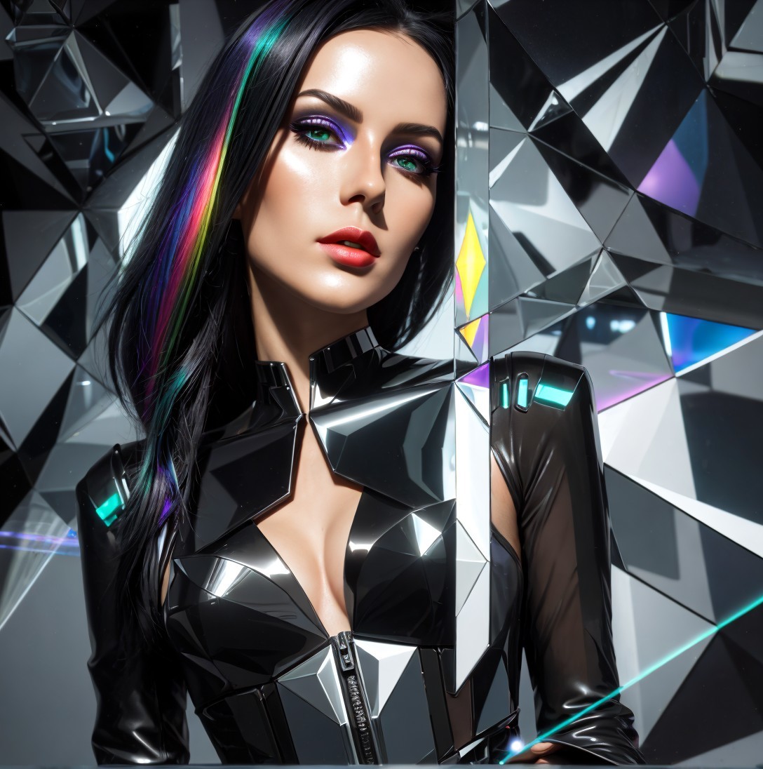 Futuristic Model in Glossy Black Outfit and Colorful Makeup