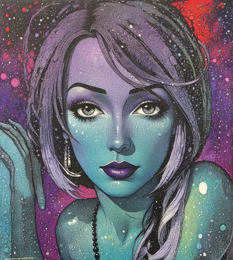 Ethereal Woman with Blue and Purple Skin in Cosmic Scene
