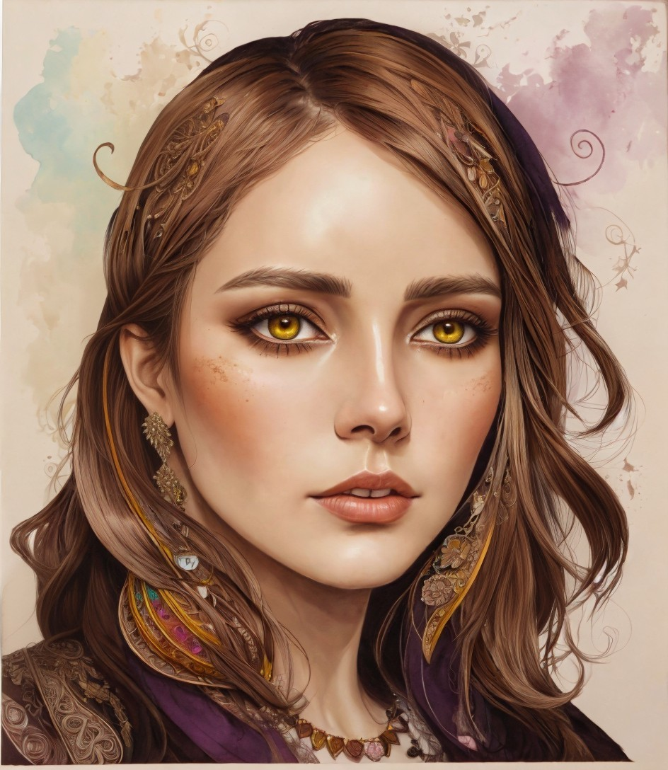 Portrait of a Young Woman with Golden Jewelry and Colorful Accessories