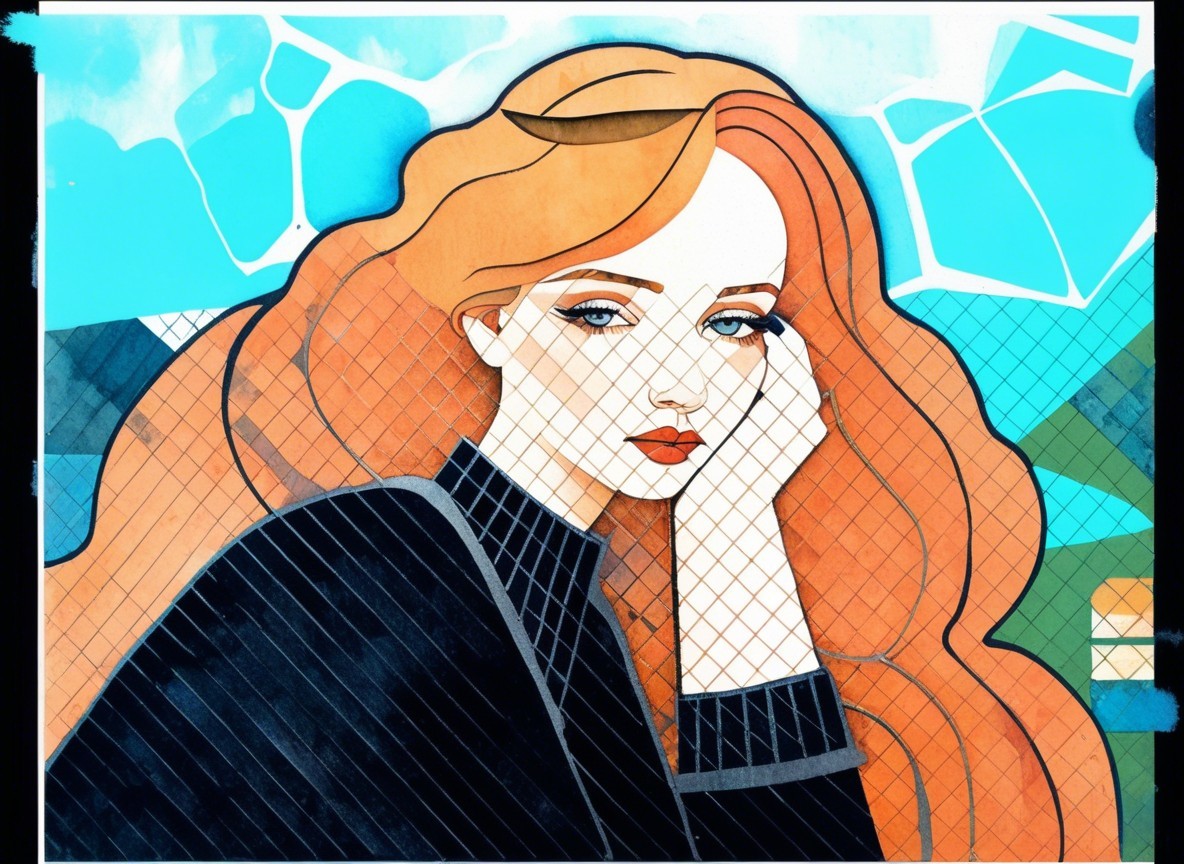 Stylized portrait of a woman with red hair and blue eyes