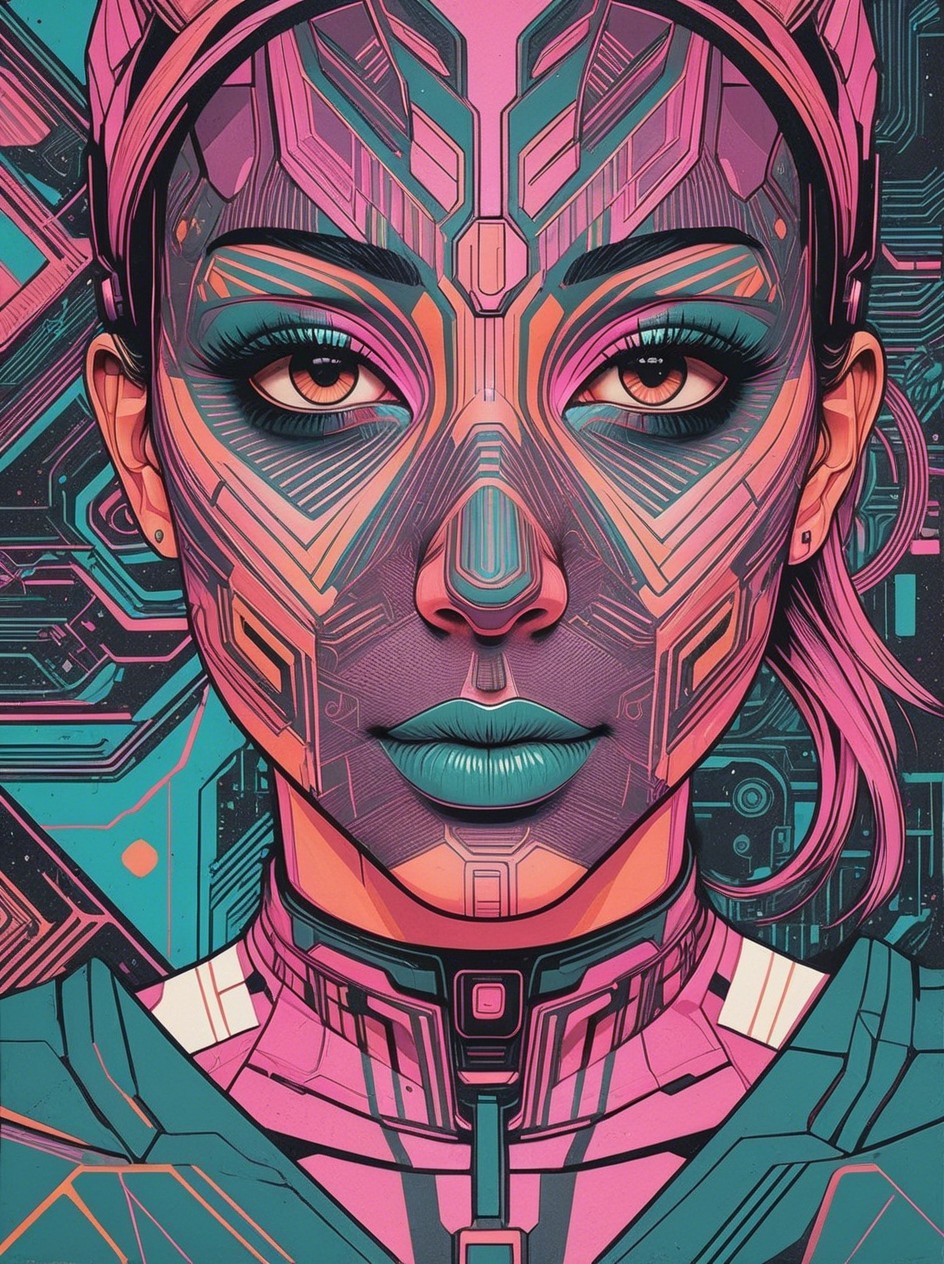 Portrait of a woman with circuit patterns and vibrant colors