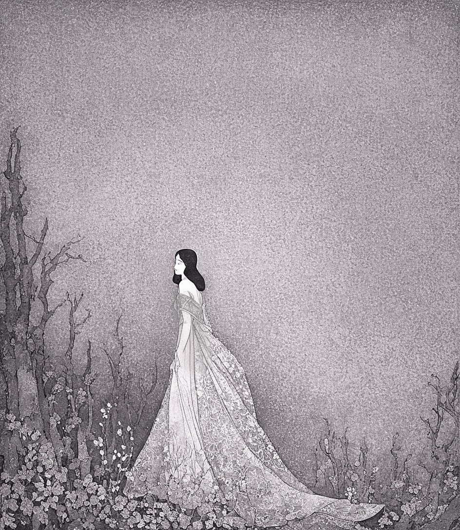 Monochromatic Illustration of a Woman in Gown