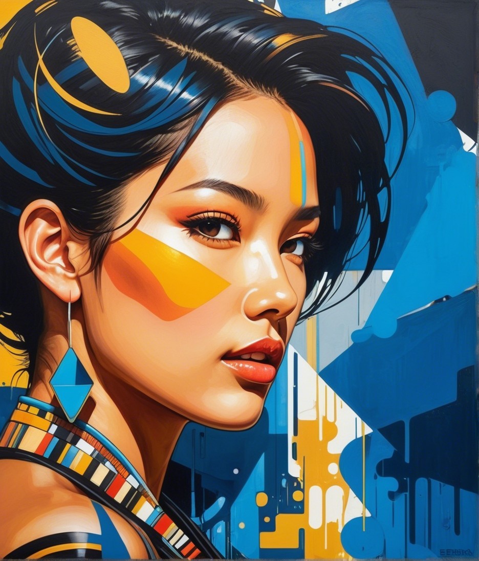 Close-up of a young woman with geometric patterns
