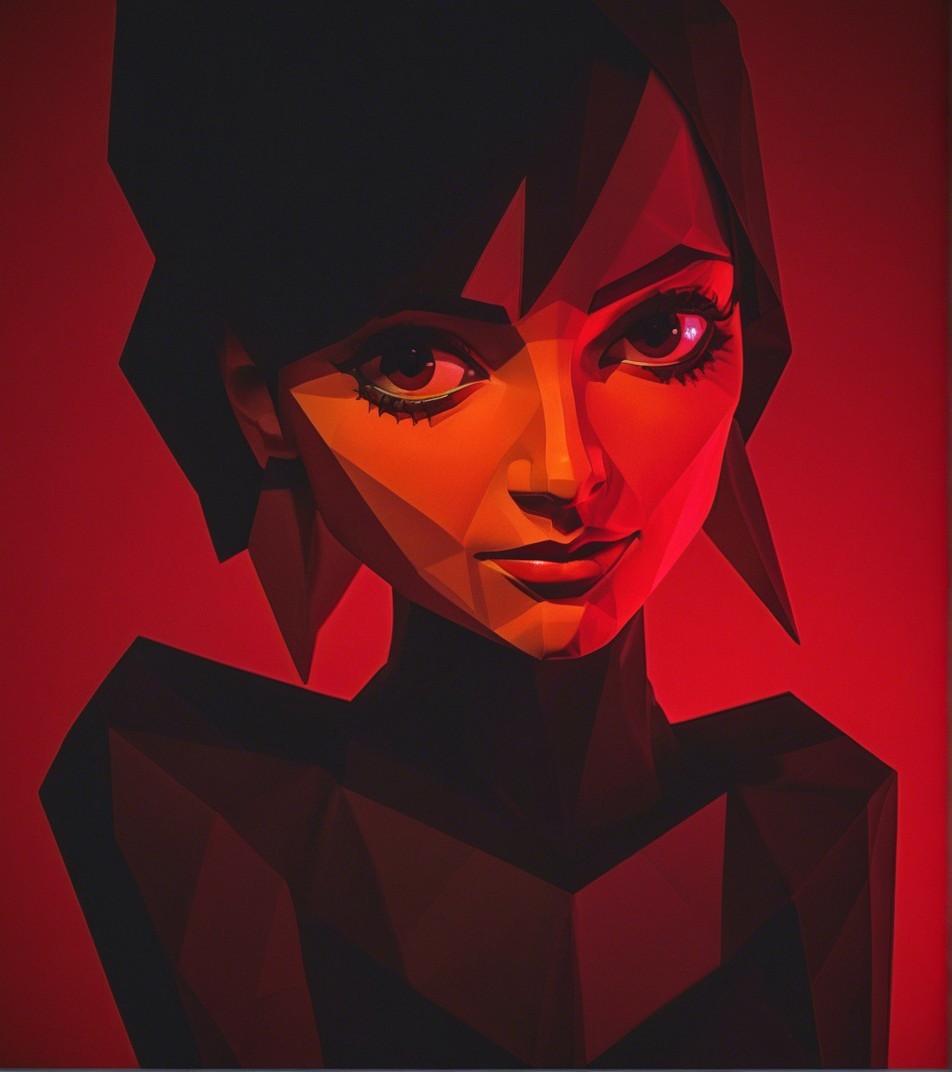 Stylized Angular Portrait of a Woman with Red Background