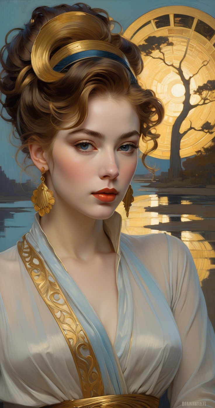 Elegant Woman with Curly Hair in Serene Landscape