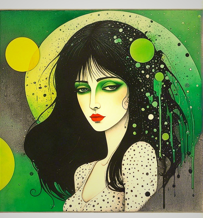 Illustration of a woman with black hair and green accents
