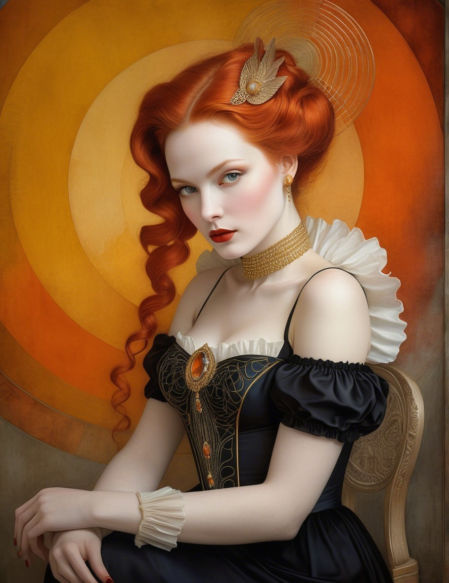 Elegant Woman in Black Dress with Red Hair and Gold Accents
