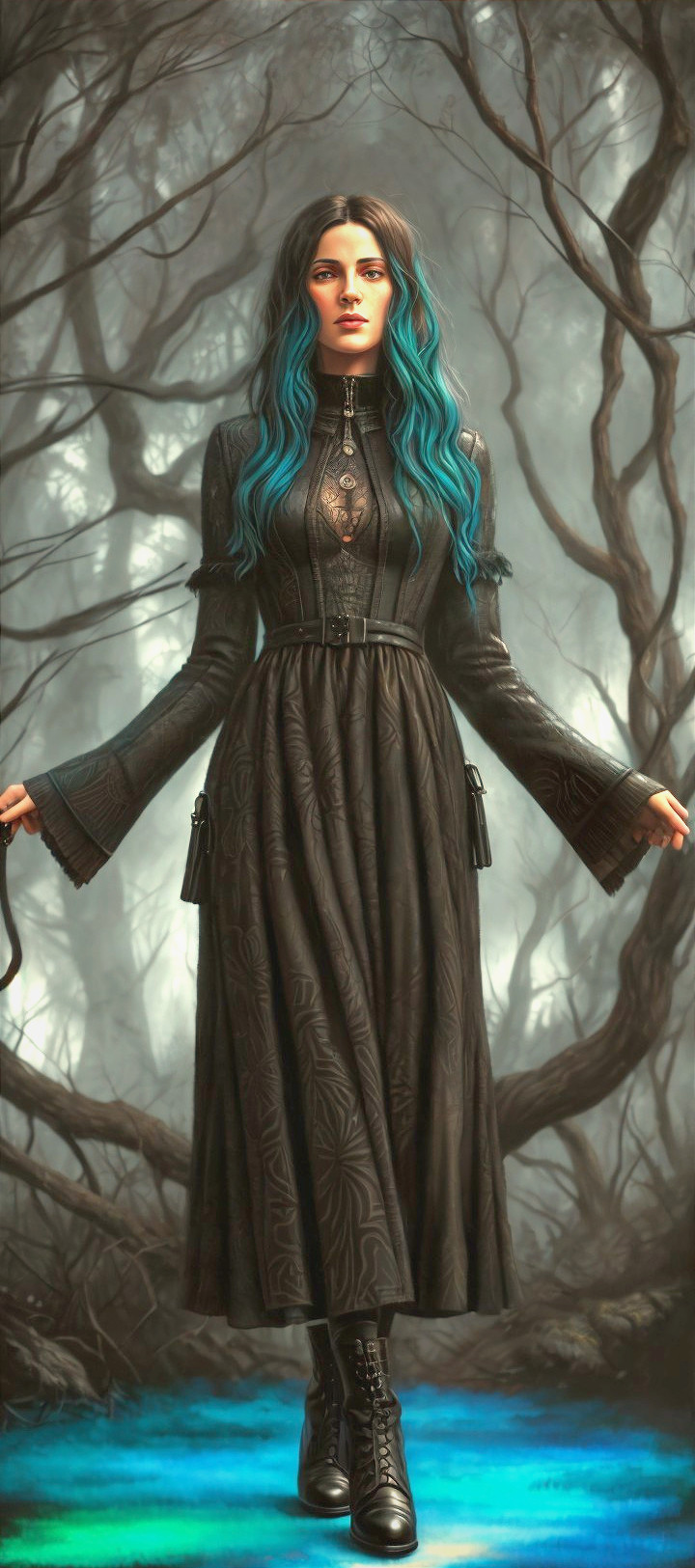 Young Woman in Black Dress in Mystical Forest