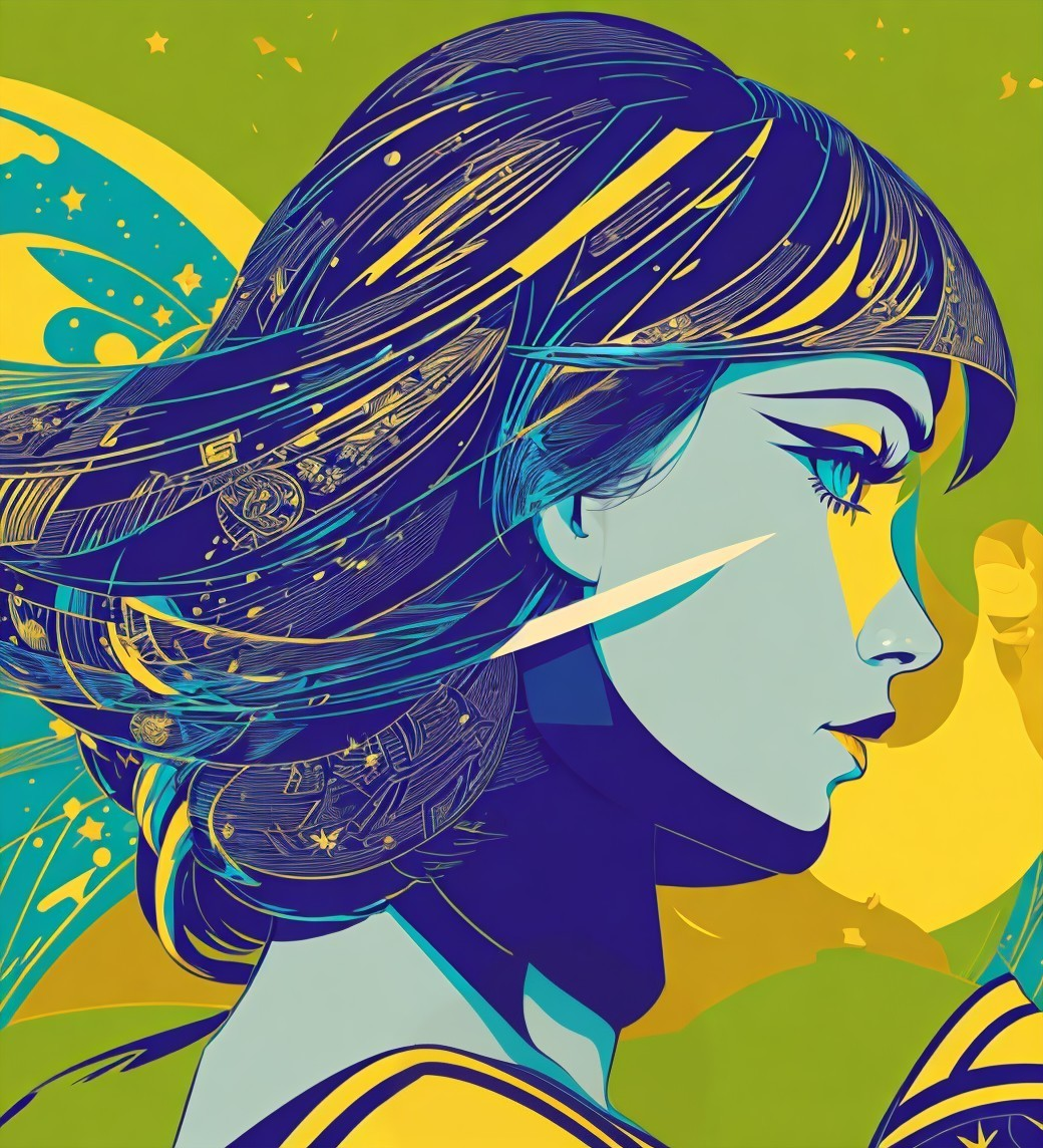 Stylized Female Figure with Cosmic Patterns and Colors