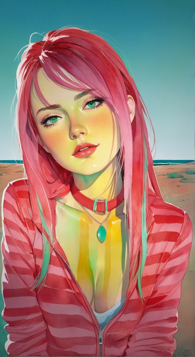 Young woman with pink hair and beach background