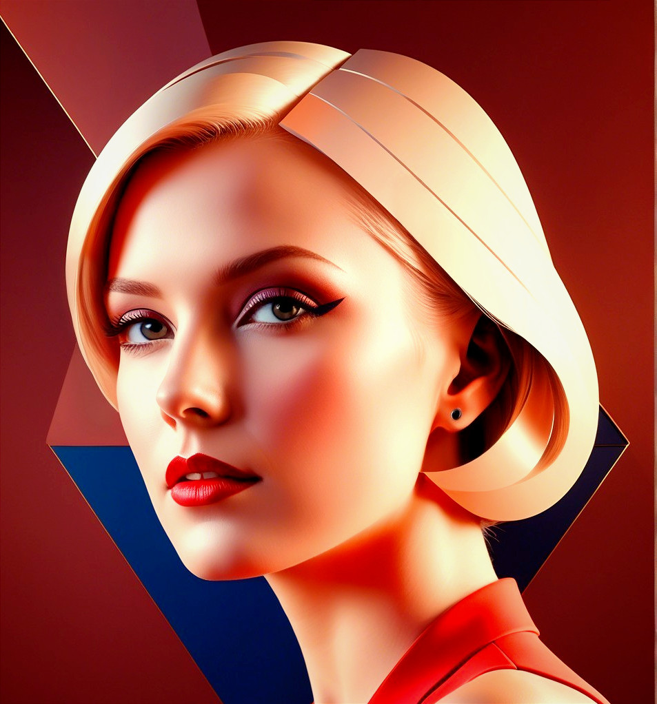 Stylized Bob Haircut with Bold Makeup and Geometric Background
