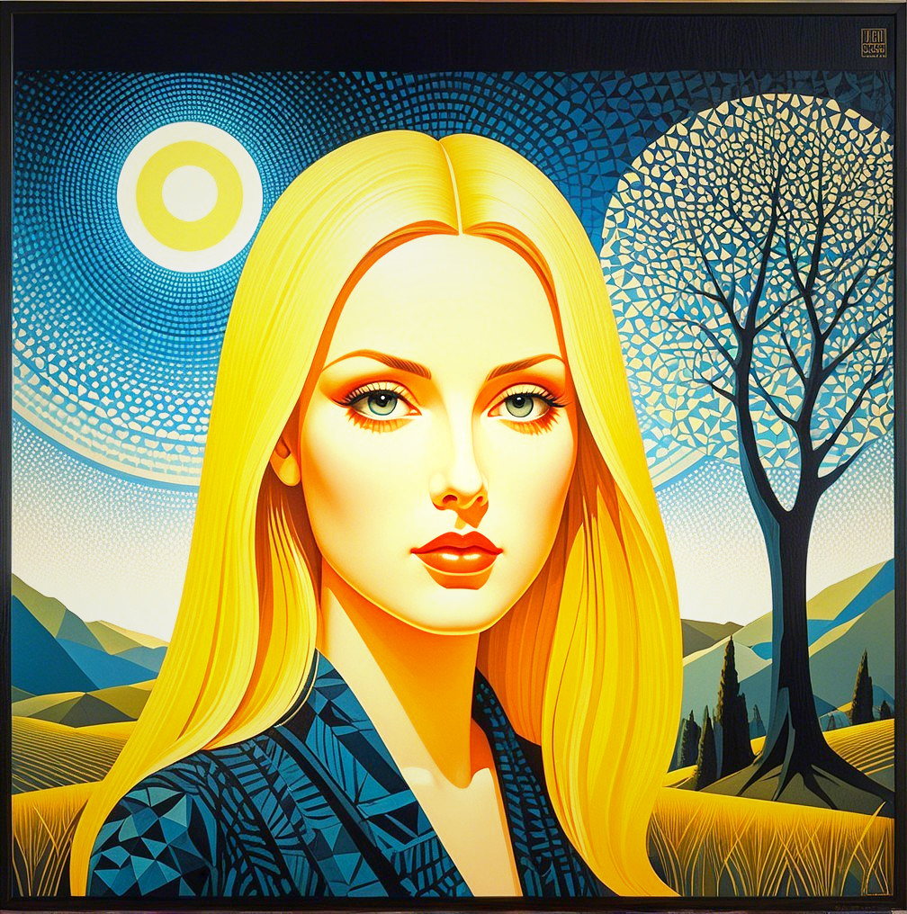 Blonde Woman with Green Eyes in Vibrant Landscape Art