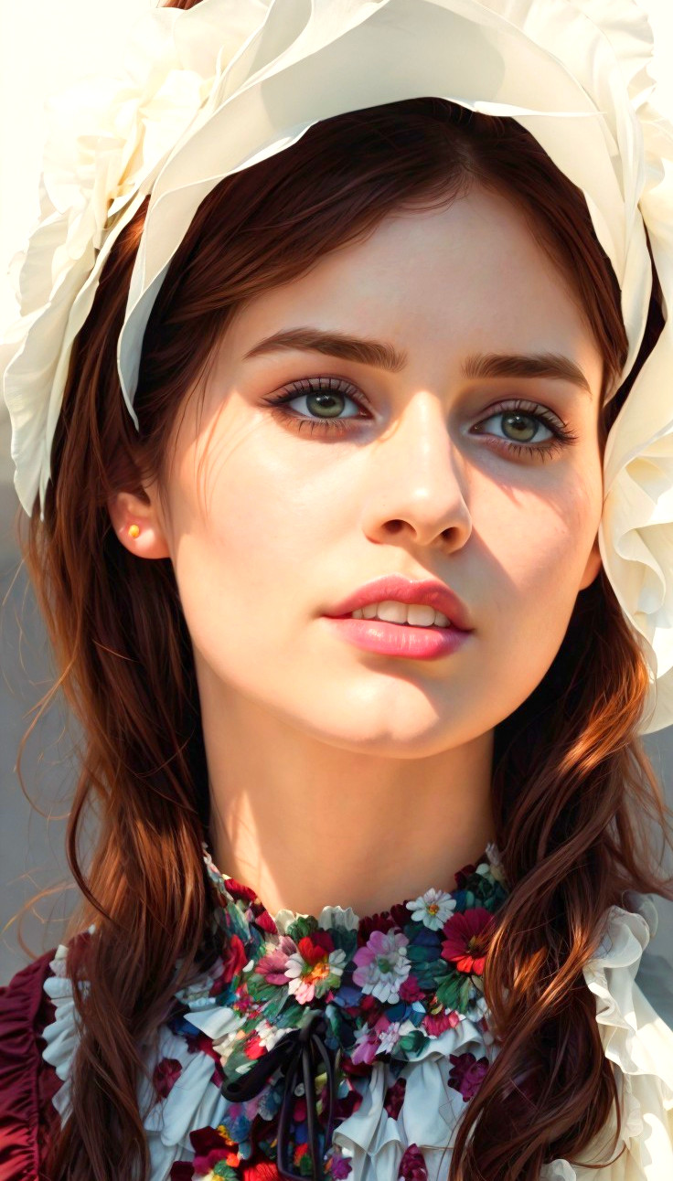 Young woman in floral dress with radiant skin and green eyes