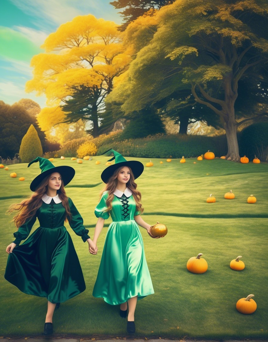 Girls in Green Dresses in a Pumpkin Patch Setting