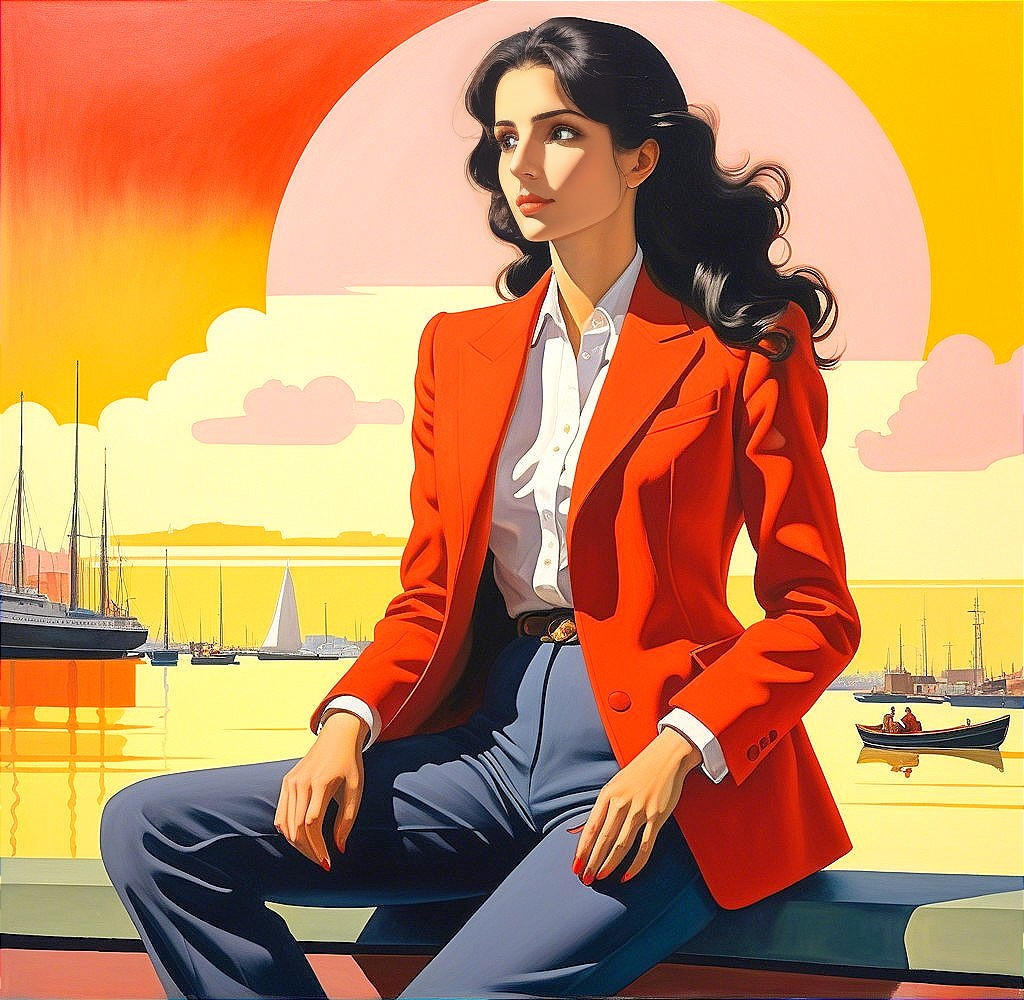Confident Woman in Red Blazer by Harbor at Sunset