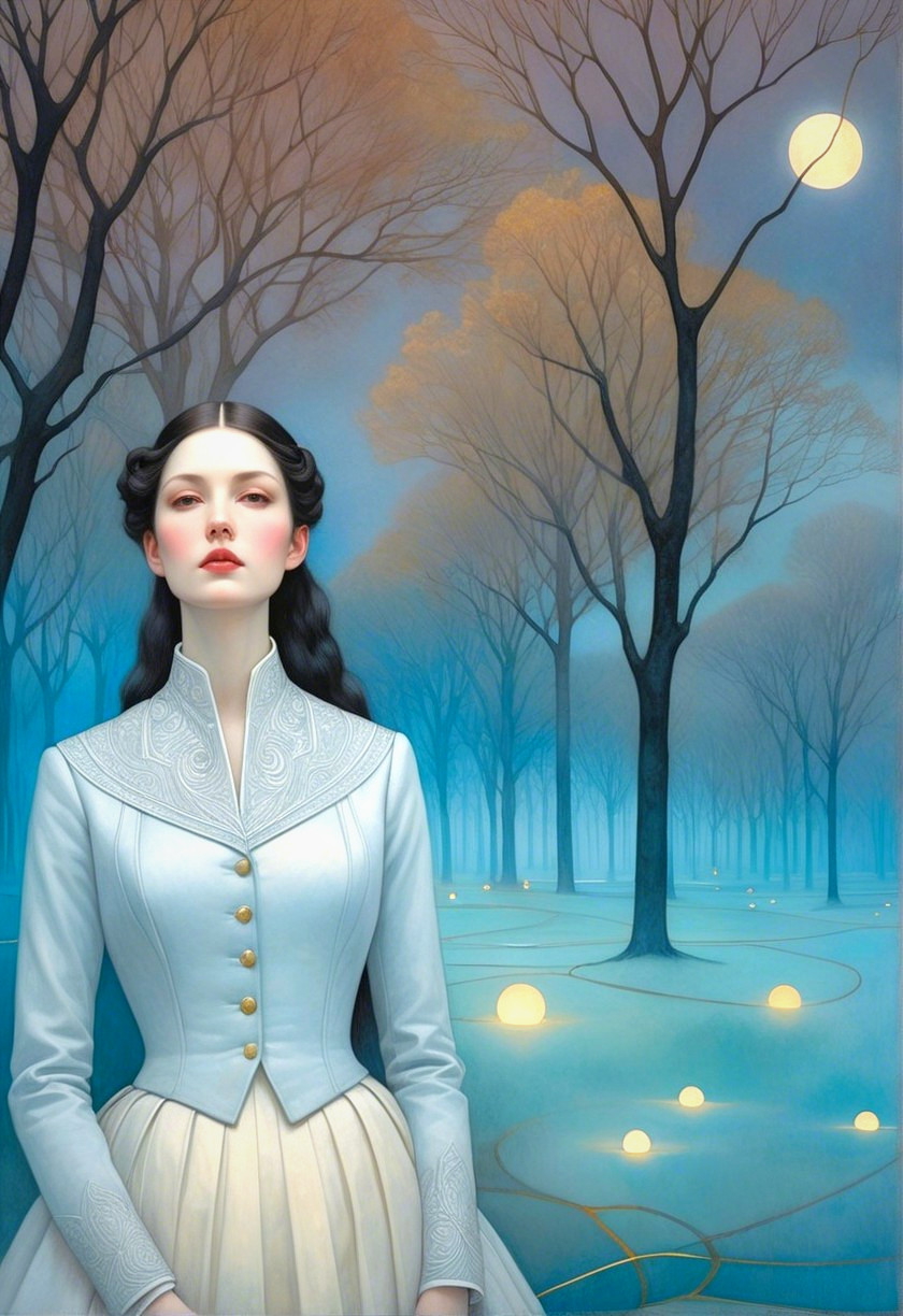 Serene figure in ethereal landscape with glowing orbs