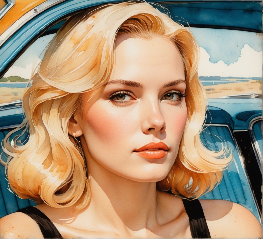 Young Woman in Vintage Car with Glamorous Waves