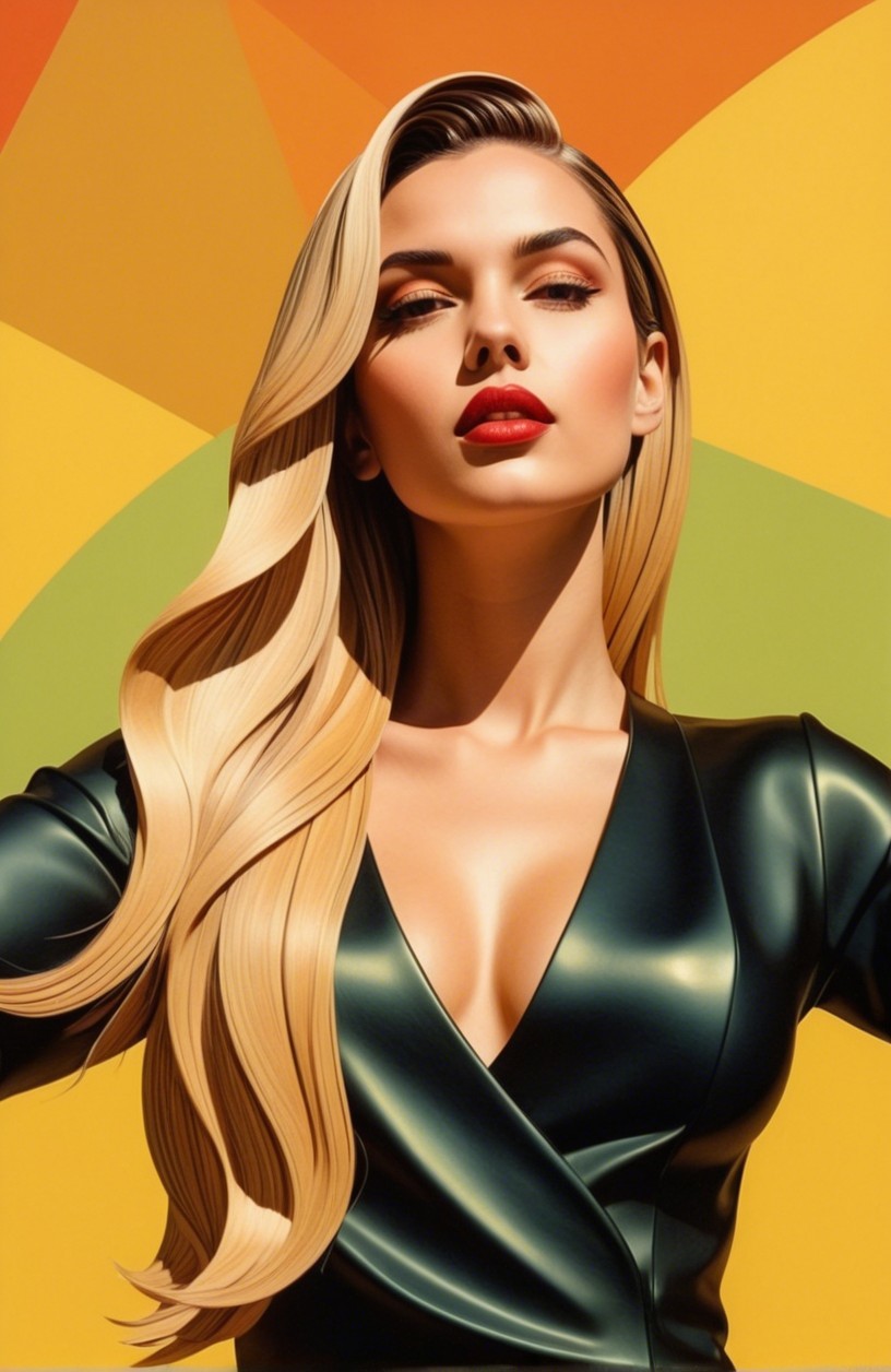 Glamorous Woman in Black Against Geometric Background