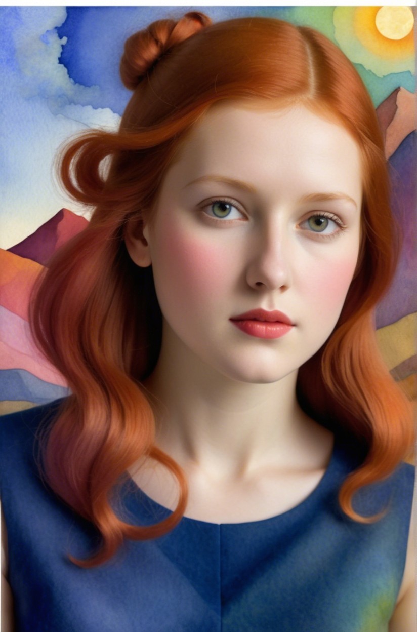 Young woman with red hair in navy dress and watercolor backdrop