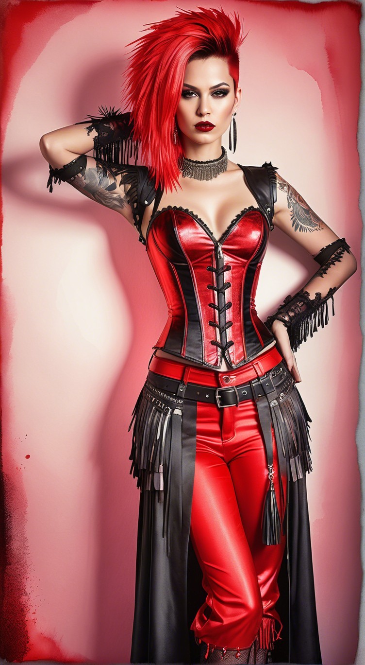 Bold Red and Black Punk Glam Outfit with Tattoos