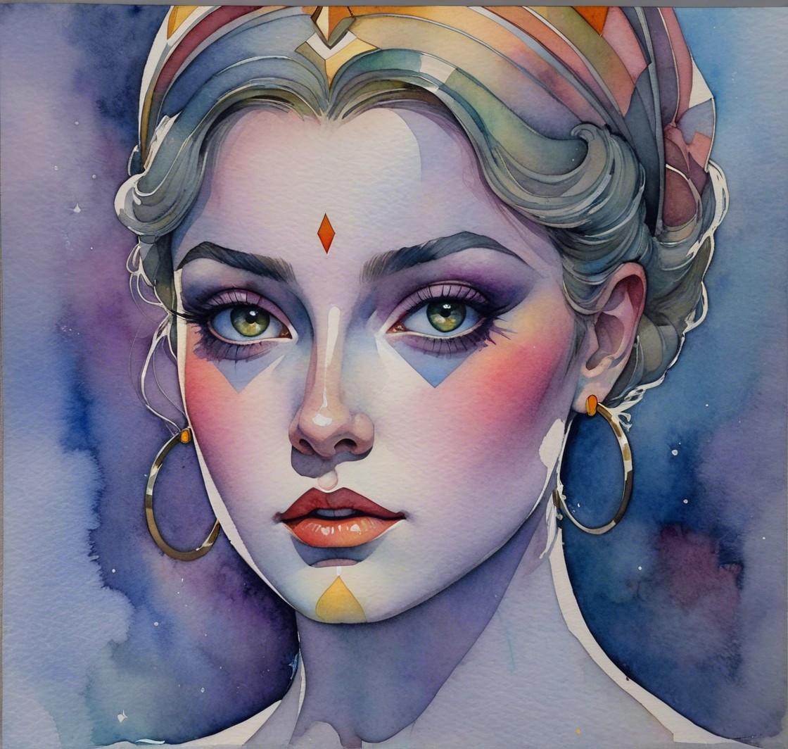 Watercolor Portrait of a Young Woman with Green Eyes