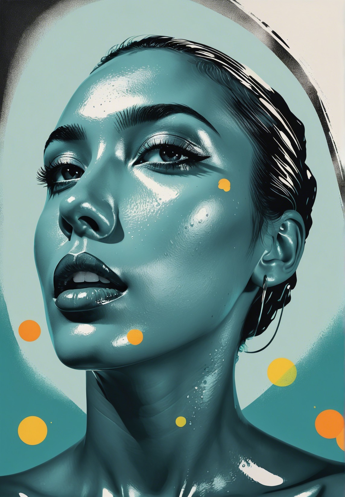 Portrait of a woman with iridescent teal skin and accents