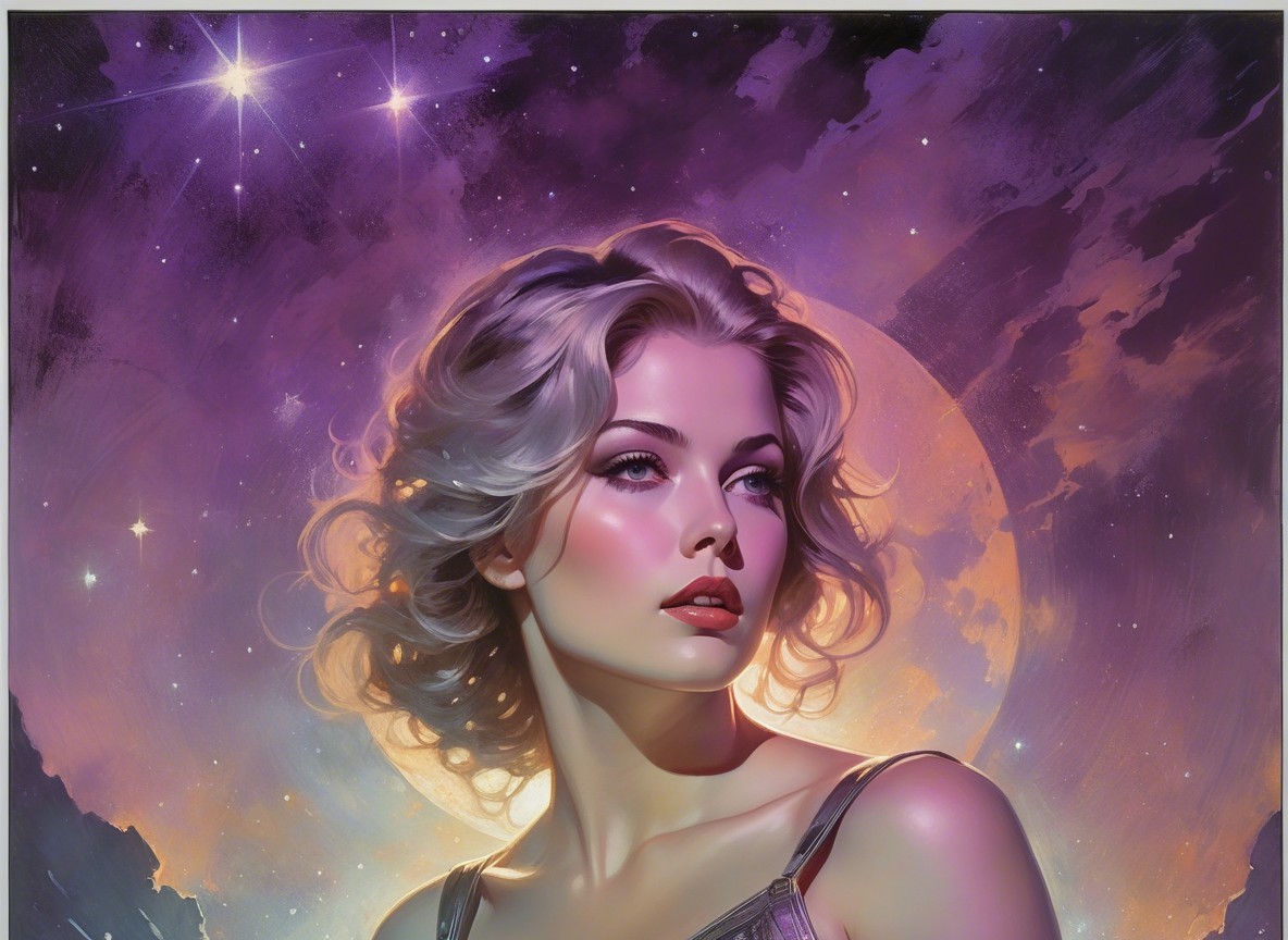 Woman with Blonde Hair Against Cosmic Background