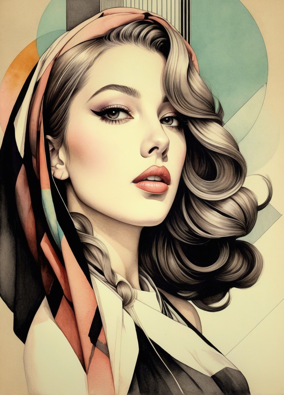 Pencil Sketch of Woman with Retro Scarf and Makeup