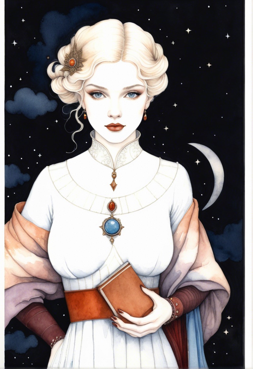 Elegant Woman in White Dress with Starry Background