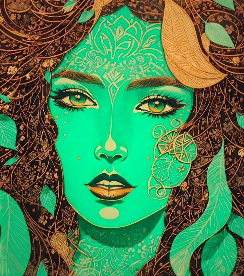 Vibrant Teal Woman's Face with Gold Patterns and Flora