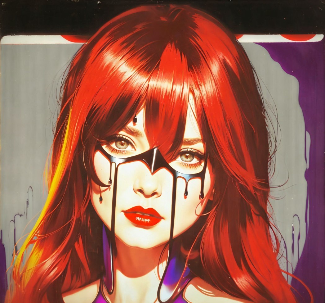 Vibrant Female Figure with Red Hair and Dramatic Makeup