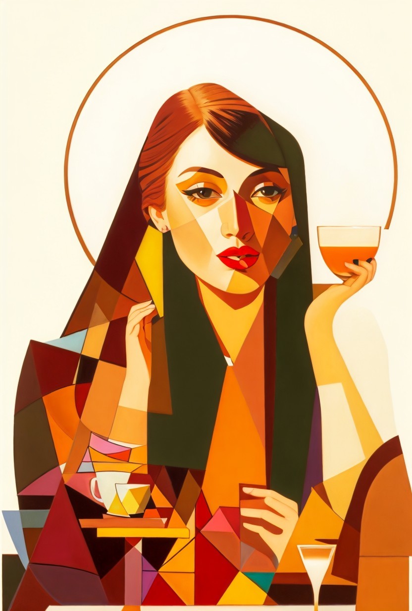 Cubist-inspired portrait of woman with halo circle and cup in warm tones