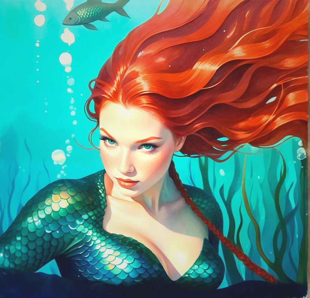 Underwater Scene with Red-Haired Figure and Sea Life