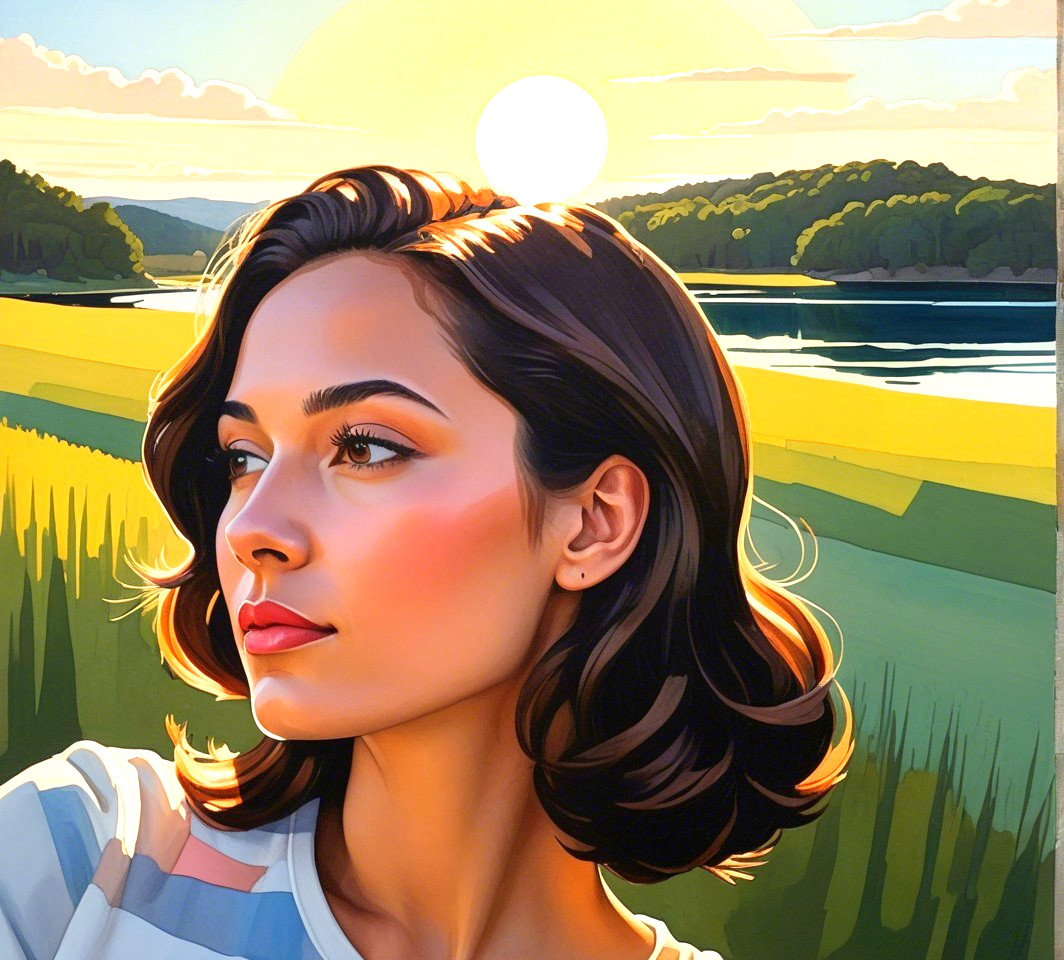 Young Woman in Profile Against Sunset Landscape