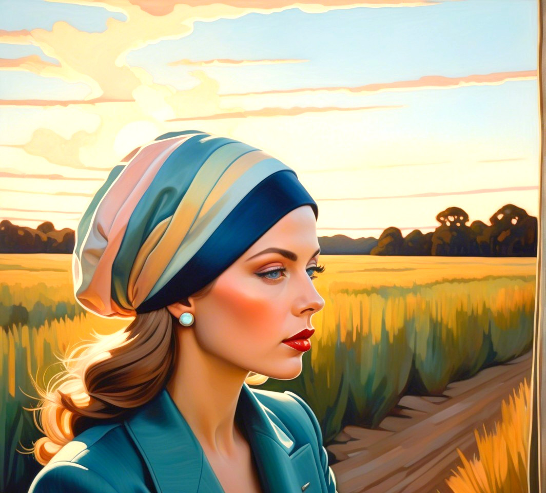 Woman in Blue Headscarf Amidst Sunset Landscape