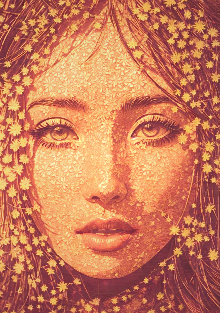 Close-up of a woman's face with yellow flowers